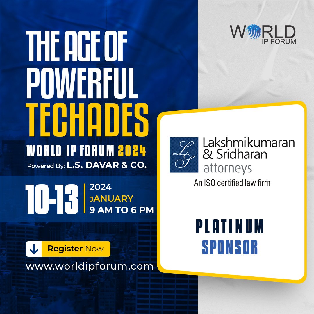 We cordially welcome Lakshmikumaran &amp; Sridharan as our Platinum Sponsors for WIPF 2024 - The Age of Powerful Techades. (Register Now 80 Seats Left) 

#wipf2024 #ipcarnival #wipf #WorldIPForum #intellectualproperty #patent #trademark #copyright