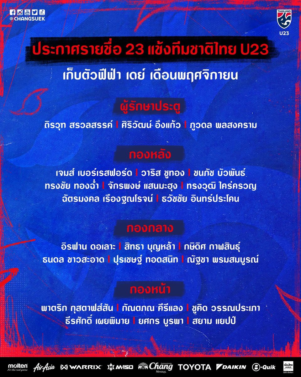 #OFFICIAL ประกาศรายชื่อ 23 แข้งทีมชาติไทย U23 เก็บตัวฟีฟ่า เดย์ เดือนพฤศจิกายน

#เชียร์สุดใจไทยแลนด์ #ช้างศึกU23 #FIFADay