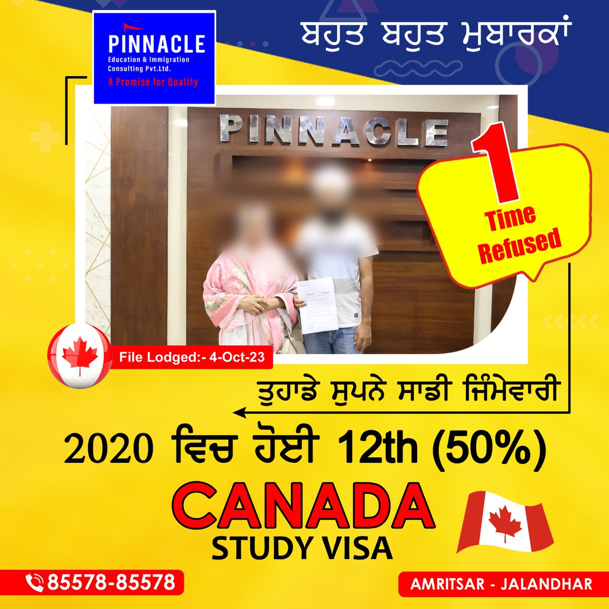 PinnacleEducat4's tweet photo. Congratulations for getting 📷#canadastudyvisa approved after 1 refusal. Call or whatsapp 85578-85578 Visit: 1st floor, Vasal tower, Opp Hotel President, Police Civil Lines Road, Near Bus Stand #Jalandhar #studyvisauk #study_in_canada📷#StudyAbroad #visa #visaconsultants https://t.co/L6BKc3DE1Y