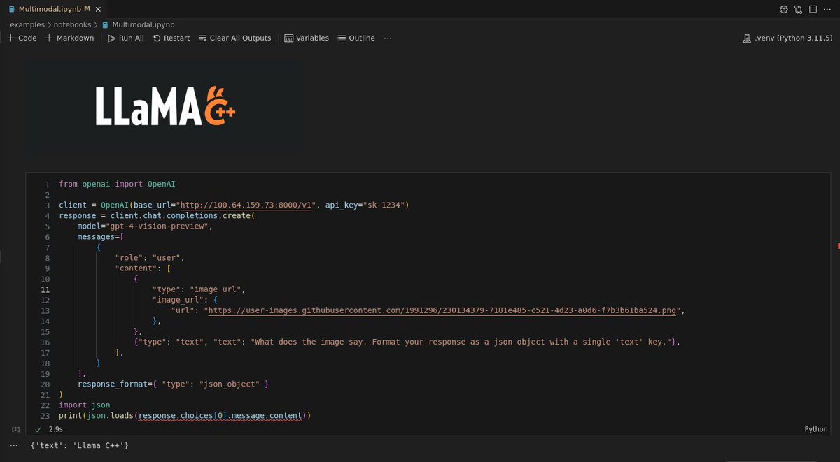 Multimodal support in llama-cpp-python powered by LLaVA 1.5 API is compatible with the new gpt-4-vision-preview model and supports JSON mode responses Github: github.com/abetlen/llama-… Docs: llama-cpp-python.readthedocs.io/en/latest/serv…