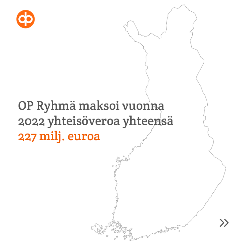 OP_Pohjola's tweet photo. OP Ryhmä maksoi vuonna yhteisöveroa 227 miljoonaa euroa vuonna 2022.

Vuoden 2022 lopussa OP Ryhmään kuului 108 osuuspankkia sekä ryhmän keskusyhteisö tytär- ja lähiyhteisöineen.