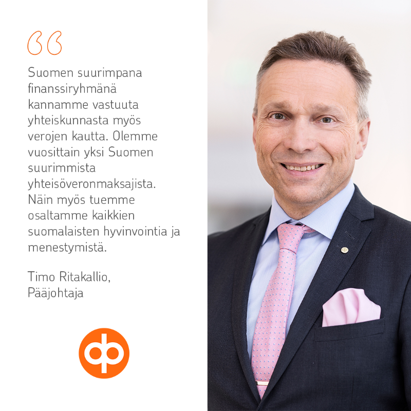 OP_Pohjola's tweet photo. OP Ryhmä maksoi vuonna yhteisöveroa 227 miljoonaa euroa vuonna 2022.

Vuoden 2022 lopussa OP Ryhmään kuului 108 osuuspankkia sekä ryhmän keskusyhteisö tytär- ja lähiyhteisöineen.