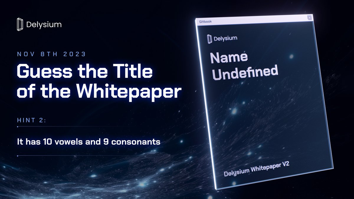 The_Delysium's tweet image. HINT #2 - Only 5 hours left!   

The second hint is: &quot;It has 10 vowels and 9 consonants.&quot;   

Guess the title first to win 10,000 $AGI!   

Enter by: Retweet, like &amp;amp; comment your guess with #delysiumwhitepaper.