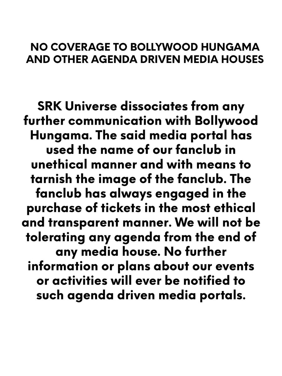 SRK Universe will not tolerate any misinformation spread by BH/any media regarding the ticket bookings of films of SRK, no footage to agenda. The film tickets are booked by fans with utmost transparency and not sponsored by @srkuniverse <a href="/FilmyYash/">Yash Paryani</a>