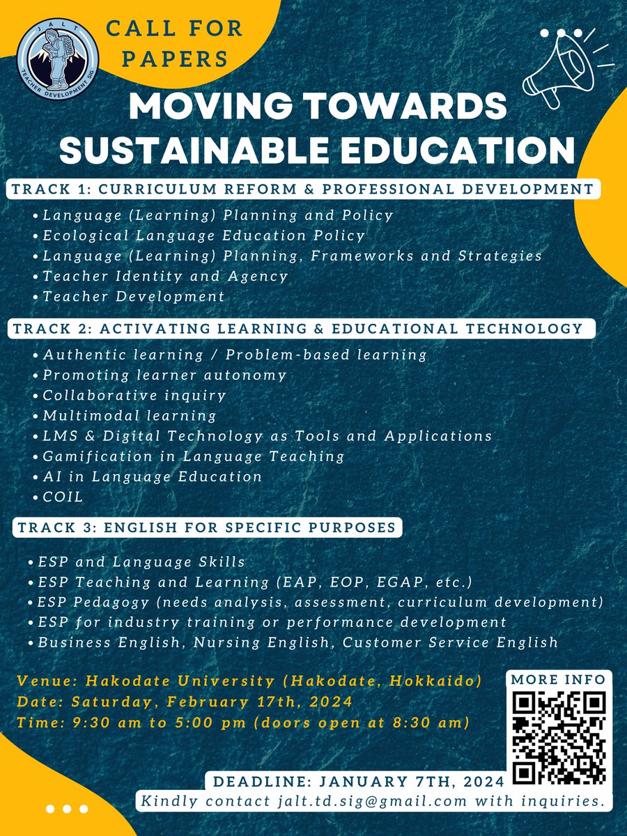 One of Teacher Development SIG's first self-hosted face-to-face events in years will be held in February 2024, at Hakodate University!