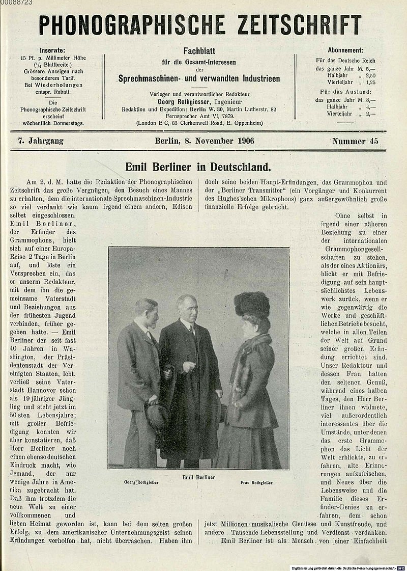 Heute vor 136 Jahren erhielt Emil Berliner (* 20. Mai 1851 - † 3. August 1929) das Reichspatent auf sein Tonwiedergabegerät mit drehbarer Schallplatte. Sein Grammophon ersetzte nach der Jahrhundertwende mehr und mehr den Walzenphonographen von Thomas Alva Edison.