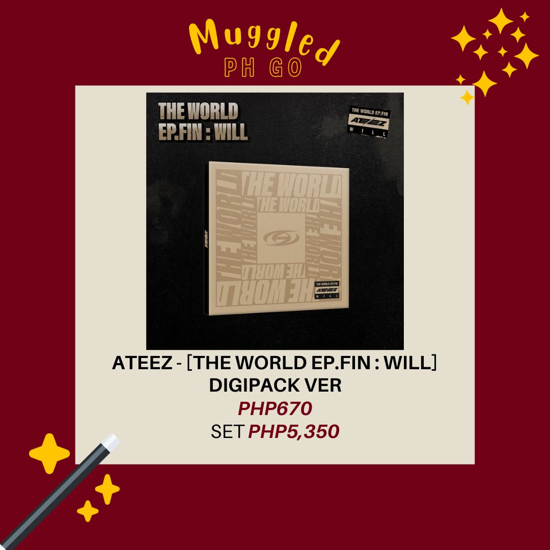 muggledPH's tweet photo. ATEEZ - [THE WORLD EP.FIN : WILL]
💿PB ₱1,005(DISC ₱650)
💿DIGI ₱670
💿PLATFORM ₱750
✅LONG DOP
✅FIRST PRESS

🚢NETA
DOO: NOV 30
50% DP: NOV 30
REMBAL: ONHAND

➢https://t.co/6ee0gPVjwg

t. wts lfb ph go pasabuy pre order
#MuggledPHGo https://t.co/fQVzW4SFyJ