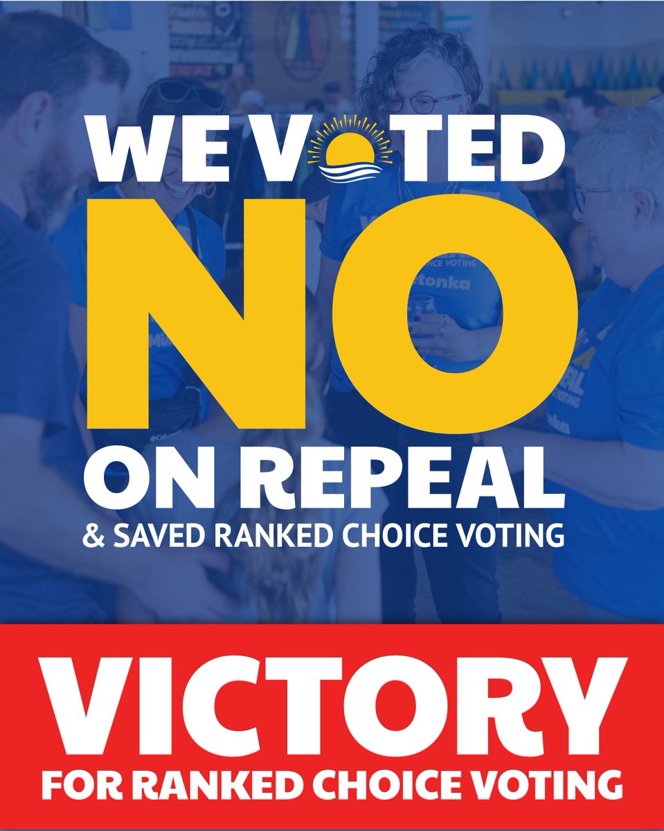 FairVoteMN's tweet photo. The results are in! By a margin of 59%-41% with two precincts outstanding, Minnetonka voters have rejected a charter amendent to repeal Ranked Choice Voting! https://t.co/FbgAuBeuET