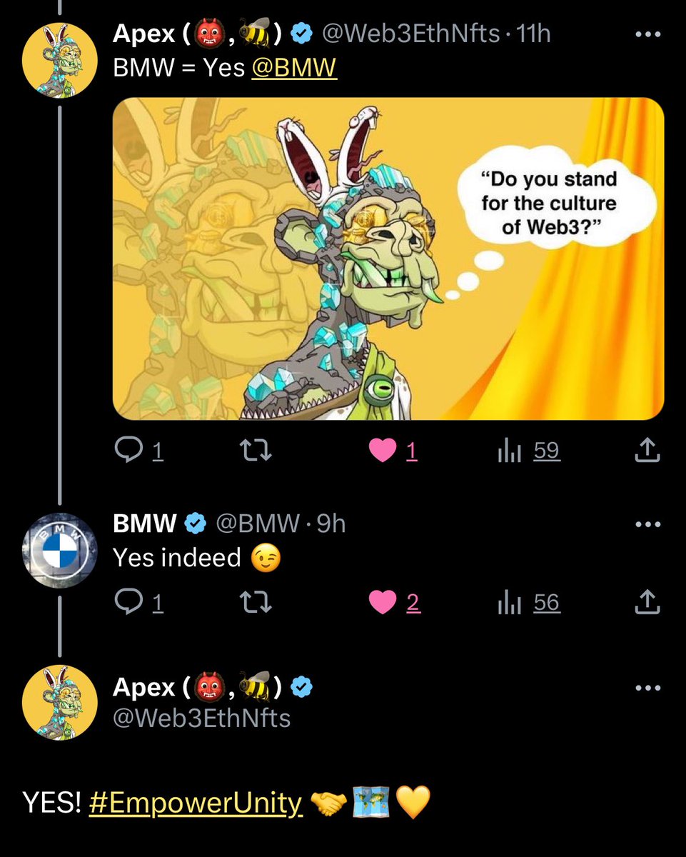 Breaking News! 🚨👹

<a href="/BMW/">BMW</a> has signaled! 
Standing for the culture of Web3!

We will be dropping some of their codes tonight! Be ready Code Chasers 👀

#EmpowerUnity 🤝🗺️💙