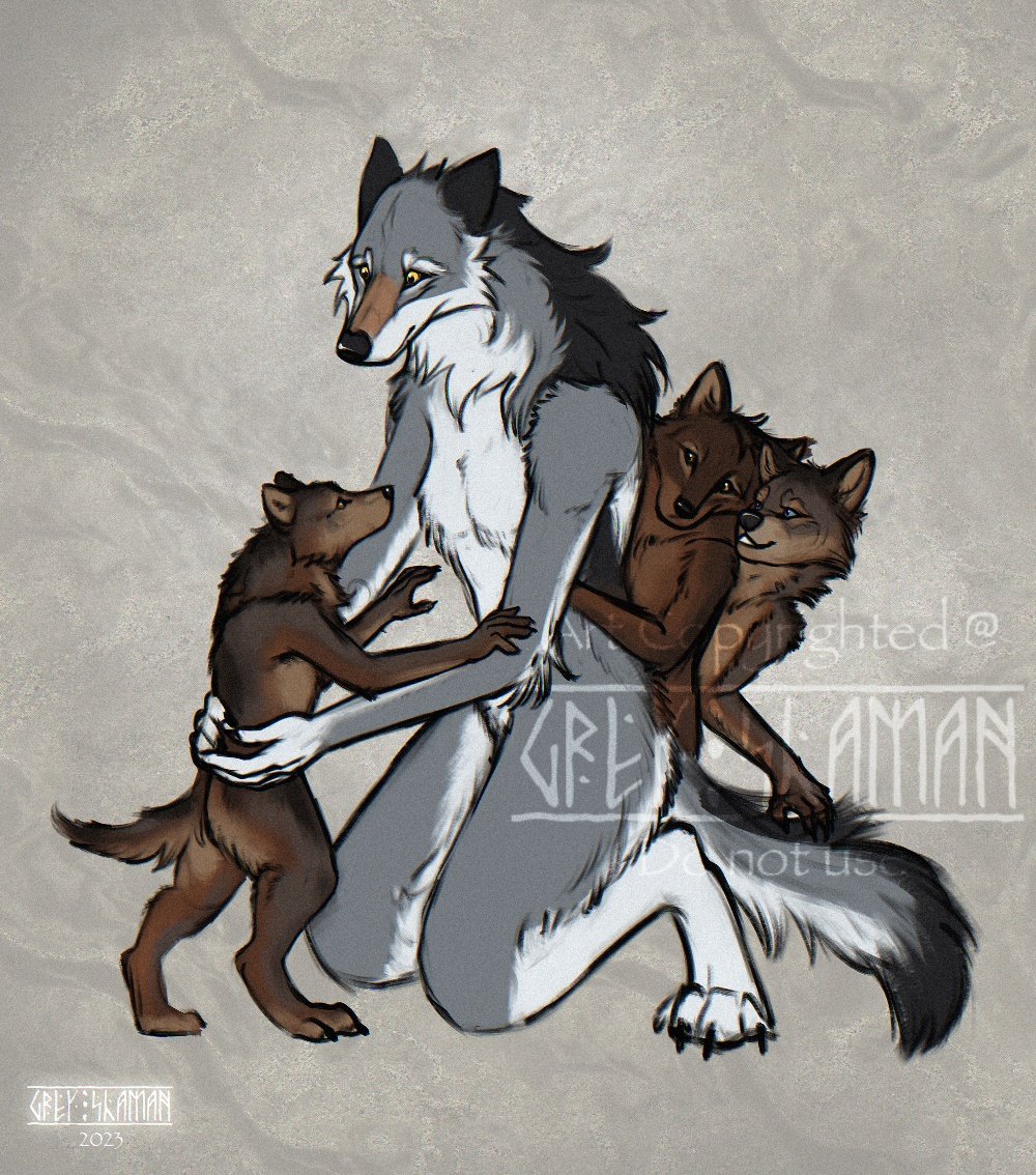 Personal for my setting.
I decided to take one day off for a little while and draw at least a sketch for myself. 

Being a woof mama in postapocalypse world is difficult a little.
