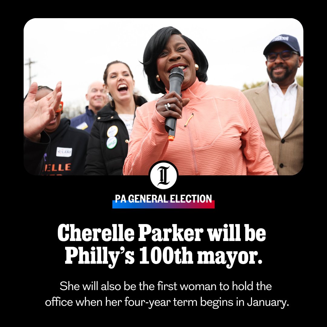 PhillyInquirer's tweet photo. Philadelphia’s glass ceiling has been broken.

Democrat Cherelle Parker on Tuesday defeated Republican David Oh to become the 100th mayor of Philadelphia. 

More details ➡️ https://t.co/jRraKOeKYI https://t.co/abTVXJf6nE