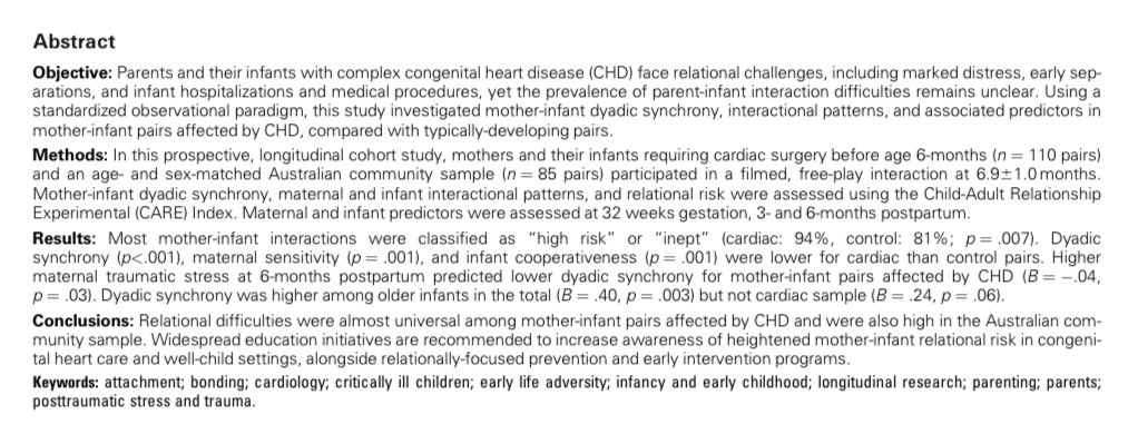 Dr. Nadine Kasparian (@nkasparian) on Twitter photo New paper emphasizing the need to support parent-infant bonding & interaction following pediatric heart surgery
academic.oup.com/jpepsy/article…
<a href="/STesson_/">Dr Stephanie Tesson</a> <a href="/DrWinlaw/">Dr. David Winlaw</a> <a href="/JPedPsych/">Journal of Pediatric Psychology</a> <a href="/CincyKidsHeart/">Cincinnati Children's Heart Institute</a> @SCHNKids <a href="/CardiacNeuro/">Cardiac Neurodevelopmental Outcome Collaborative</a> <a href="/NPCQIC/">NPC-QIC XXX SEX</a>
#heartdisease #mentalhealth New paper emphasizing the need to support parent-infant bonding & interaction following pediatric heart surgery
academic.oup.com/jpepsy/article…
<a href="/STesson_/">Dr Stephanie Tesson</a> <a href="/DrWinlaw/">Dr. David Winlaw</a> <a href="/JPedPsych/">Journal of Pediatric Psychology</a> <a href="/CincyKidsHeart/">Cincinnati Children's Heart Institute</a> @SCHNKids <a href="/CardiacNeuro/">Cardiac Neurodevelopmental Outcome Collaborative</a> <a href="/NPCQIC/">NPC-QIC XXX SEX</a>
#heartdisease #mentalhealth