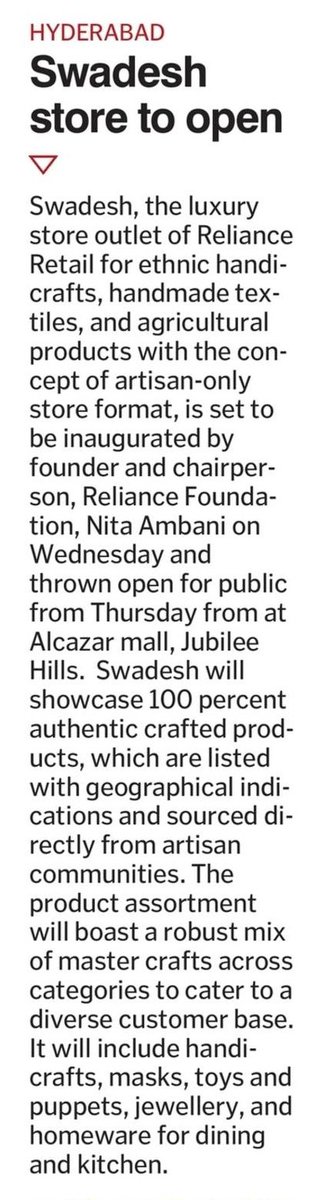 #RelianceRetail ‘s #Swadesh, a platform for ethnic handicrafts in India and abroad, is all set for launch by @ril_foundation Founder & Chairperson #NitaAmbani in Hyderabad. 

@TelanganaToday