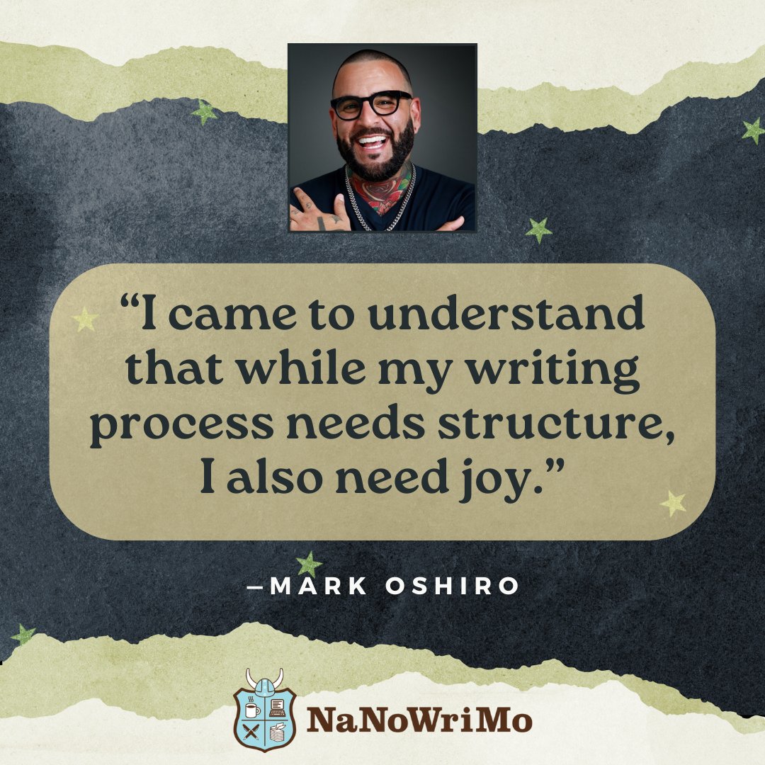 📢 Don't forget to take joy breaks, writers! 

NaNoWriMo 2023 Pep Talker and author Mark Oshiro has some encouraging words to help you find joy and motivation. 

Read Mark's full pep talk: nanowrimo.org/pep-talk-from-…

#writingcommunity #nanowrimo #markoshiro #nanopeptalk