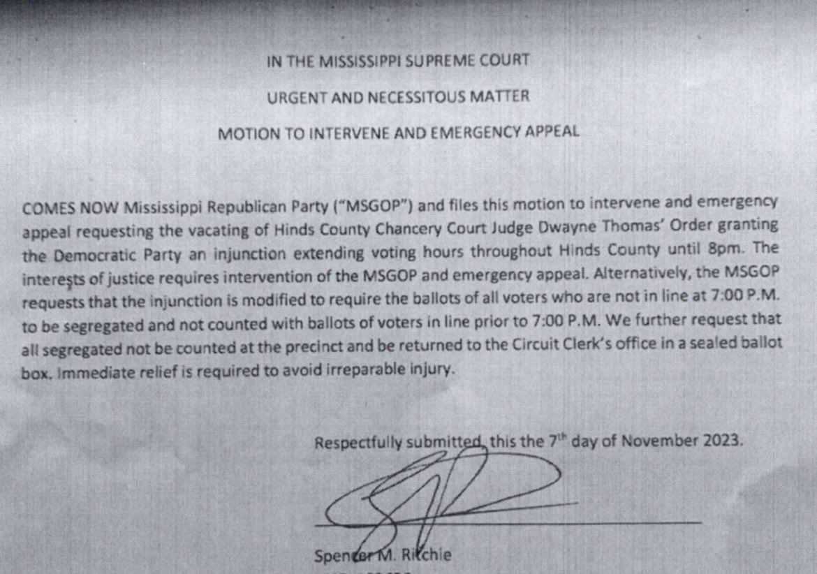 radamsWAPT's tweet photo. BREAKING The Mississippi Republican Party files “urgent and necessitous”matter with Mississippi Supreme Court to vacate a lower court order extending voting in Hinds County until 8 PM because of a huge ballot shortage that’s kept voters in line for hours. https://t.co/dYJgQHVxA0