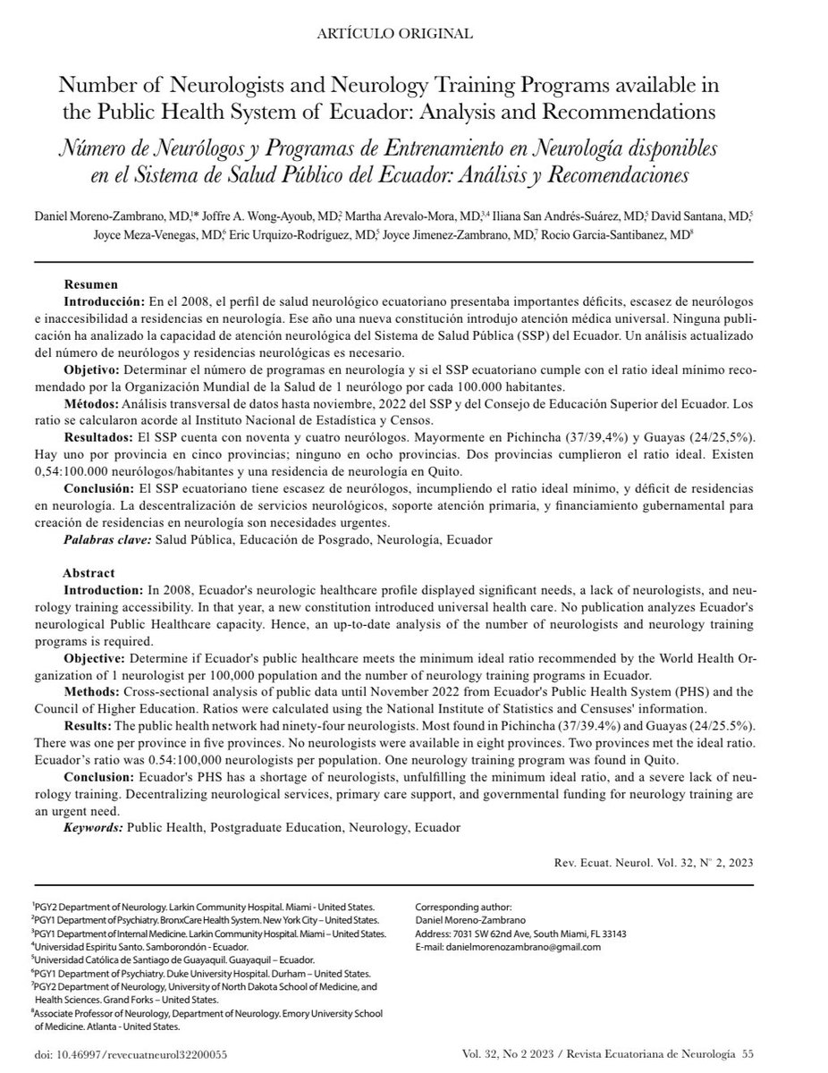Daniel Moreno-Zambrano (@danielmorenoz) on Twitter photo I’m excited to share our new publication🧠:
Number of Neurologists and #Neurology Training Programs available in the Public Health System of #Ecuador: Analysis & Recommendations.
Available on: <a href="/RevEcuatNeurol/">RevEcuatNeurol</a>
revecuatneurol.com
#neurotwitter
<a href="/larkinneurons/">Larkin’s Neurons</a>
<a href="/larkinhospital/">Larkin Hospital</a> I’m excited to share our new publication🧠:
Number of Neurologists and #Neurology Training Programs available in the Public Health System of #Ecuador: Analysis & Recommendations.
Available on: <a href="/RevEcuatNeurol/">RevEcuatNeurol</a>
revecuatneurol.com
#neurotwitter
<a href="/larkinneurons/">Larkin’s Neurons</a>
<a href="/larkinhospital/">Larkin Hospital</a>