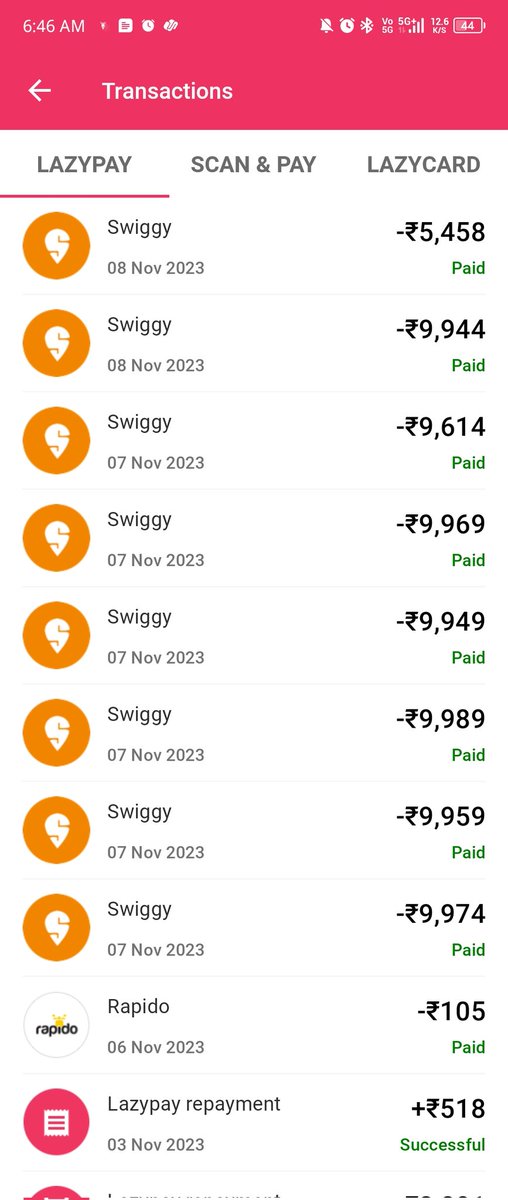 Woke up to these fraudulent transactions of nearly ₹75,000 on <a href="/Lazy_Pay/">LazyPay</a> via <a href="/Swiggy/">Swiggy</a>. <a href="/SwiggyCares/">Swiggy Cares</a> kindly help