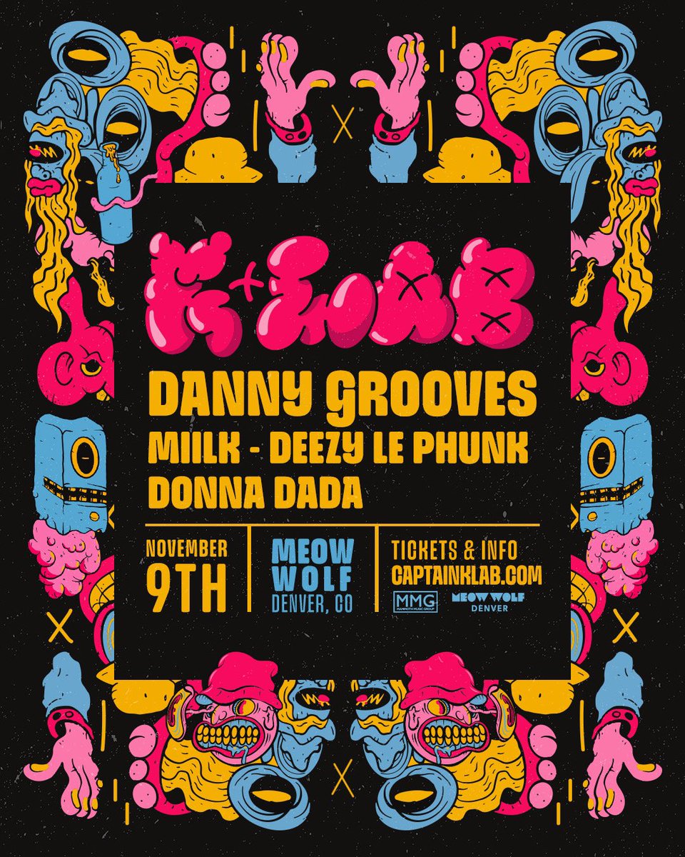 K+Lab (@captainklab) on Twitter photo Pulling from the full back catalog for an extended set at <a href="/MeowWolf/">Meow Wolf</a> in Denver this Thursday! Can’t wait to see all the homies play as well <a href="/dannygrooves/">Aux Cord Hero</a> <a href="/miilkofficial/">miilk🥛</a> <a href="/donnadada/">Donna Dada</a> <a href="/DeezYLePhunK/">DeezY Le PhunK</a> Pulling from the full back catalog for an extended set at <a href="/MeowWolf/">Meow Wolf</a> in Denver this Thursday! Can’t wait to see all the homies play as well <a href="/dannygrooves/">Aux Cord Hero</a> <a href="/miilkofficial/">miilk🥛</a> <a href="/donnadada/">Donna Dada</a> <a href="/DeezYLePhunK/">DeezY Le PhunK</a>
