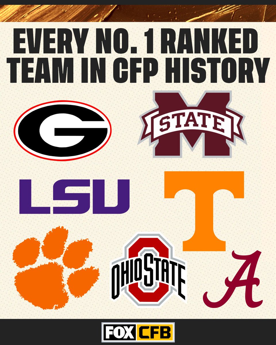 CFBONFOX's tweet photo. Only 7️⃣ teams have ever reached the No. 1 spot in CFP history 📊

Will a new team be added to this list this year? 🤔 https://t.co/F2Dktn4Wcb