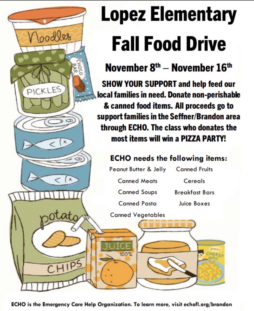 Our Canned Food Drive to support local families begins tomorrow! We are accepting donations through Thursday November 16th (see flyer for details). The class who collects the most cans wins a PIZZA PARTY! @ECHOBrandon