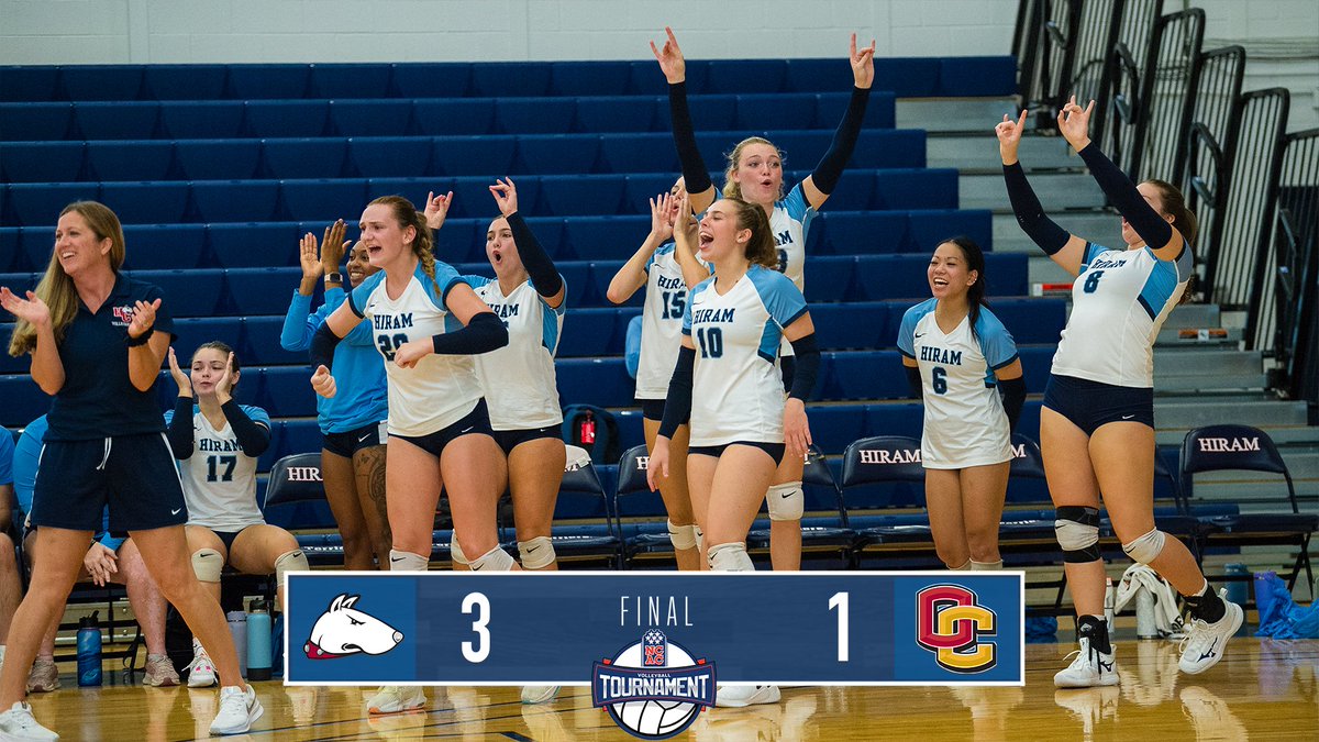 NCAC's tweet photo. #NCACvb23 | Quarterfinals 🏆 

Set 4️⃣: @HiramCollegeWVB 25, @Yeo_Volleyball 19  

The Terriers advance to the @NCAC Tournament Semifinals vs @DePauw_VB on Friday at 7:30 p.m.  

💻https://t.co/lYTbdMWJmK https://t.co/nLD8gQGZen