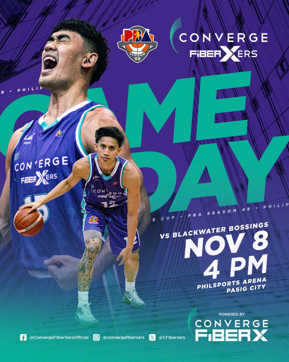 Catch the #ConvergeFibeXers first game of #PBASeason48 against the Blackwater Bossings at PhilSports Arena at 4PM today.

This game is powered by Converge FiberX.

See you there, #PurpleNation! 💜

#PBAAngatAngLaban