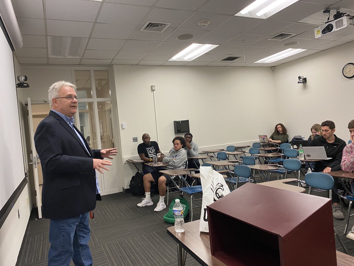 RonSnyderMedia's tweet photo. Grateful for the great @Bruce45Sports to reflect on more than 40 years as a sports journalist to my Media Ethics/Law students at @TowsonU https://t.co/mFivbqorEw