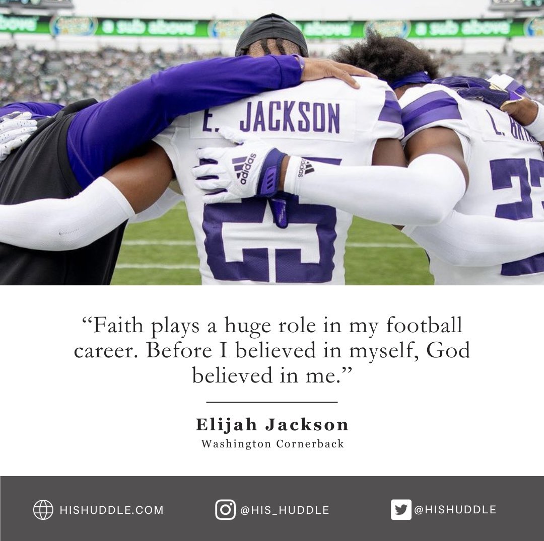 “Faith plays a huge role in my football career. Before I believed in myself, God believed in me.” Helping guide Washington to a 9-0 start to the year, cornerback Elijah Jackson finds his identity beyond the field.  hishuddle.com/2023/11/07/eli…