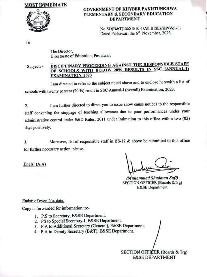 NoorUtk's tweet photo. محکمہ تعلیم کا ڈائریکٹر ایجوکیشن کو میٹرک سالانہ امتحانات میں 20 فیصد سے کم نتائج دینے والے سکولز کی لسٹ ارسال، ذمہ داران اساتذہ کو شوکاز نوٹسز جاری کرنے اور ٹیچنگ الاؤنس بند کرنے بارے ہدایات جاری۔ گریڈ-17 سے اوپر ذمہ داران کے نام سیکرٹریٹ ارسال کئے جائیں، محکمہ تعلیم کا مراسلہ https://t.co/aHXXKo3TUD