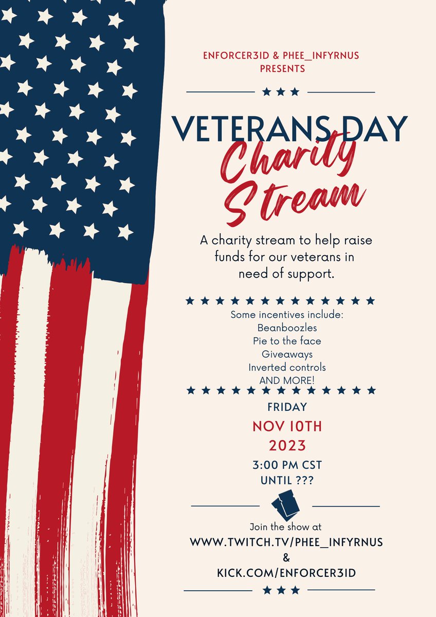 Join me and <a href="/phee_infyrnus/">🐦🔥🏳️‍🌈 Phee🏳️‍🌈🔥🐦</a> for a Veterans charity stream on Friday November 10th beginning at 3pm CST! See you on <a href="/KickStreaming/">KICK</a> !