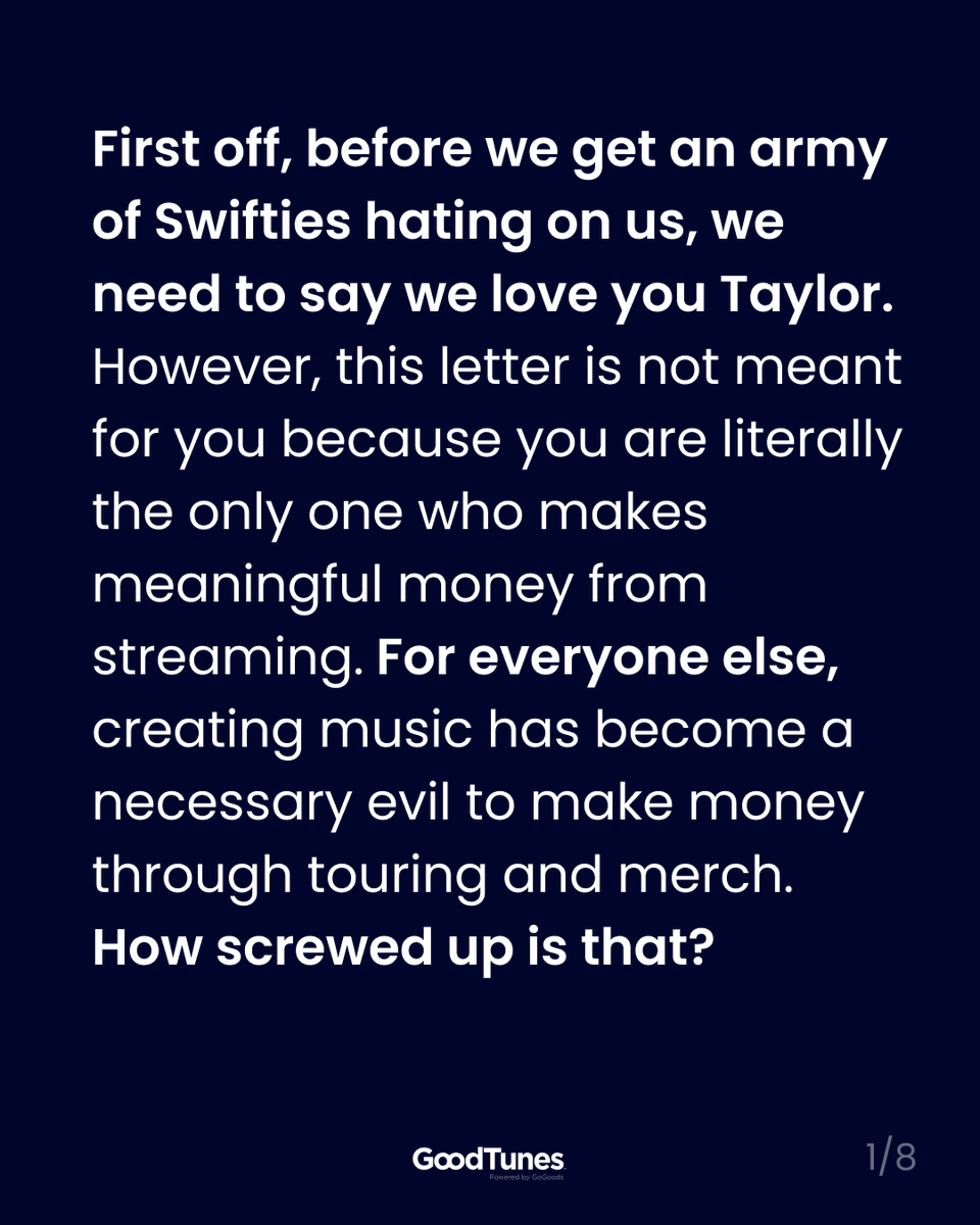 goodtunesstore's tweet photo. An open letter to all musical artists not named #TaylorSwift and how we're helping them. 1/3  

#ArtistIncome #musicians #musiclife #music https://t.co/YNTuOI6CmL