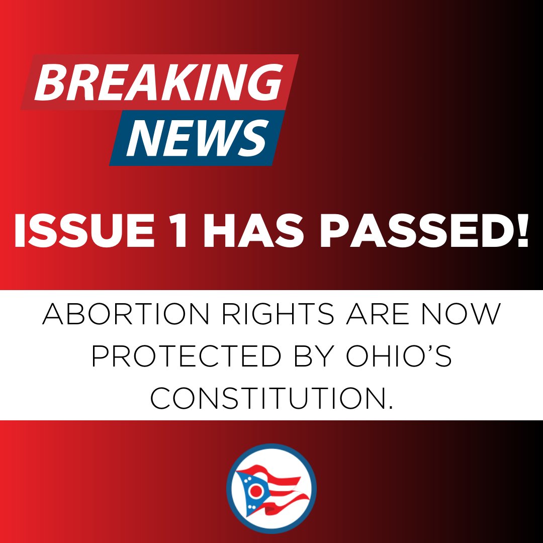 ProgressOhio's tweet photo. ISSUE 1 HAS PASSED! 💙

Abortion is now protected in Ohio's Constitution. 🥳 https://t.co/CwW3Hh2k9T