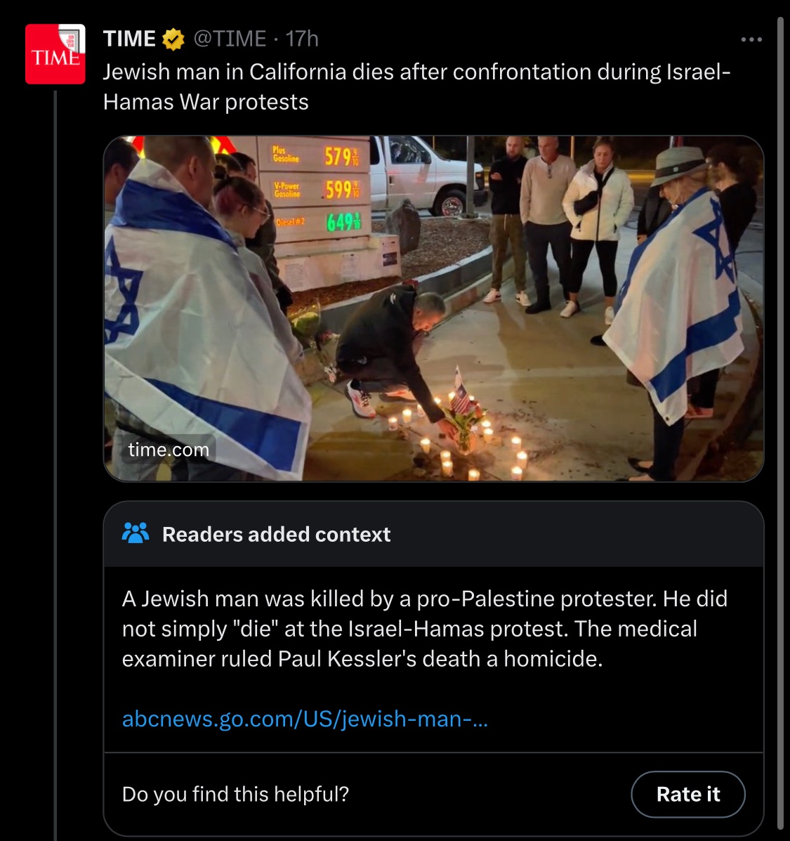 Twitter spreading misinfo in its “readers added context” box. We don’t know that a Jewish man was killed by a pro-Palestine protester. He didn’t simply die, but the circumstances are unclear at this time. Med examiner specifically said homicide ruling does not imply criminality