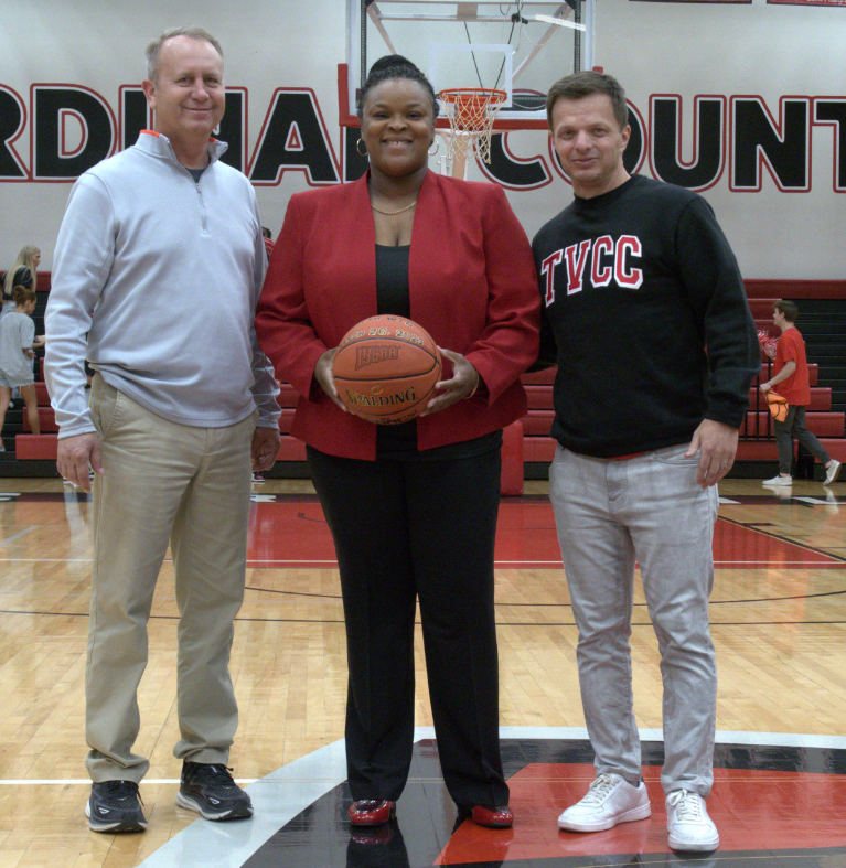 TVCCsports's tweet photo. Lady Cardinal head basketball coach Precious Ivy was presented a commemorative game ball recognizing her 100th career victory at the end of the 2022-23 season at the NJCAA tournament. The presentation was  nade before Tuesday night's 90-38 season-opening win against Western Gulf https://t.co/Wd8c1Gyuu4