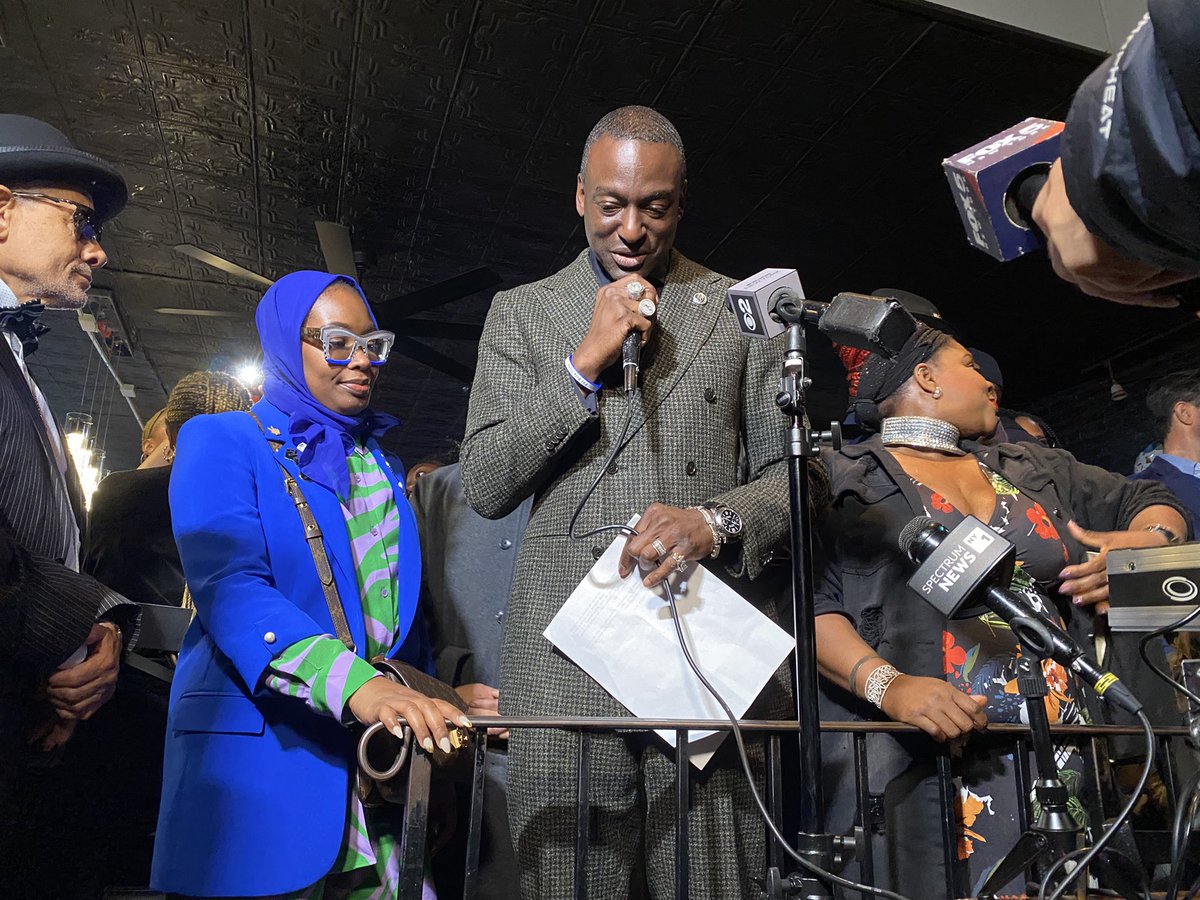 An emotional moment as Yusef Salaam — an exonerated member of what was known as the “Central Park Five,” who spent nearly six years in prison — is introduced to the crowd as the next City Council member for Harlem.