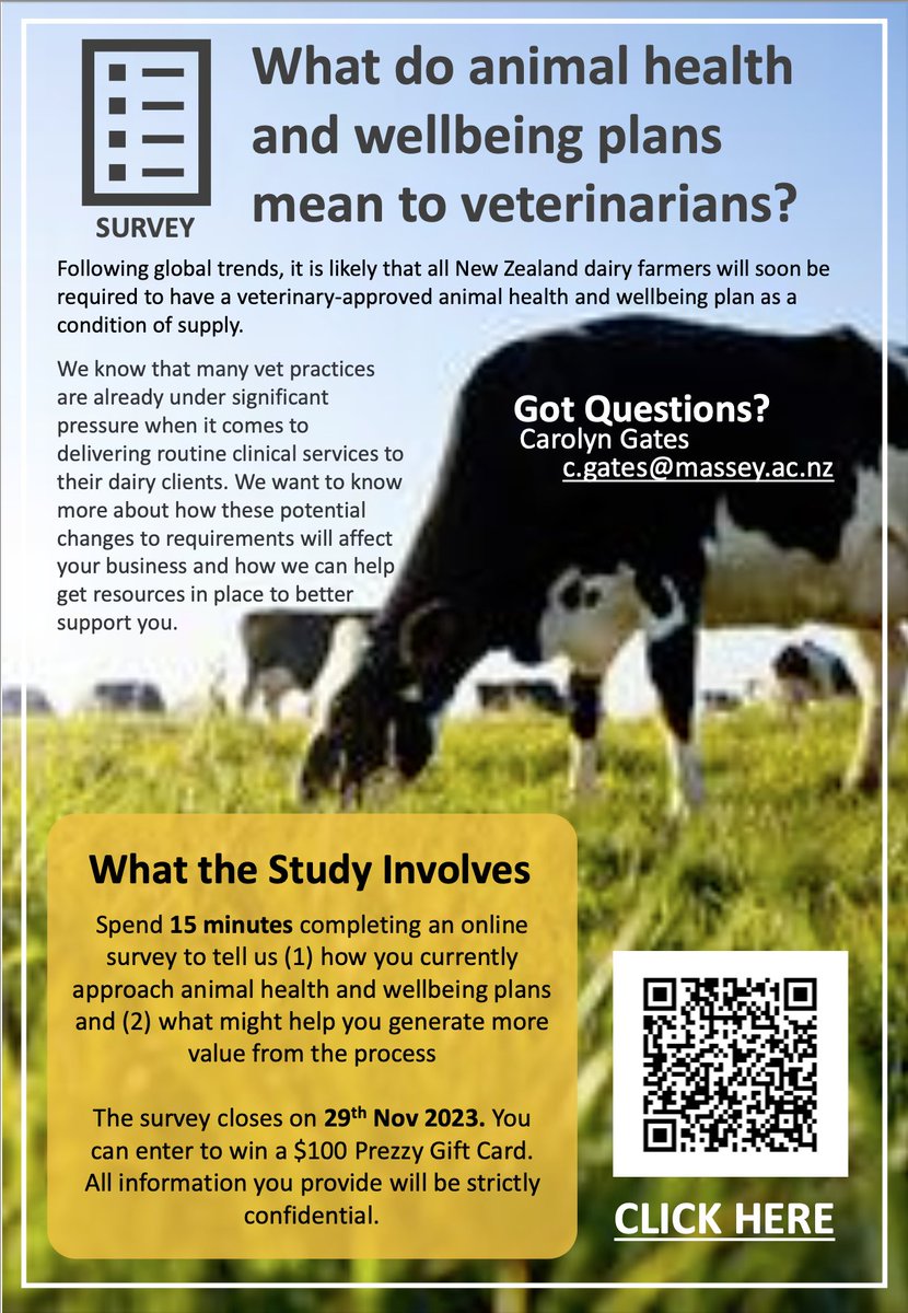 Kat Littlewood (@katlittlewood) on Twitter photo What do animal health and wellbeing plans mean to vets?
Spend 15 minutes completing an online survey to tell us. The survey closes on 29th Nov 2023. You can enter to win a $100 Prezzy Gift Card. All information you provide will be strictly confidential.
qualtricsxmqkzw82x8p.qualtrics.com/jfe/form/SV_9n⦠What do animal health and wellbeing plans mean to vets?
Spend 15 minutes completing an online survey to tell us. The survey closes on 29th Nov 2023. You can enter to win a $100 Prezzy Gift Card. All information you provide will be strictly confidential.
qualtricsxmqkzw82x8p.qualtrics.com/jfe/form/SV_9nā¦