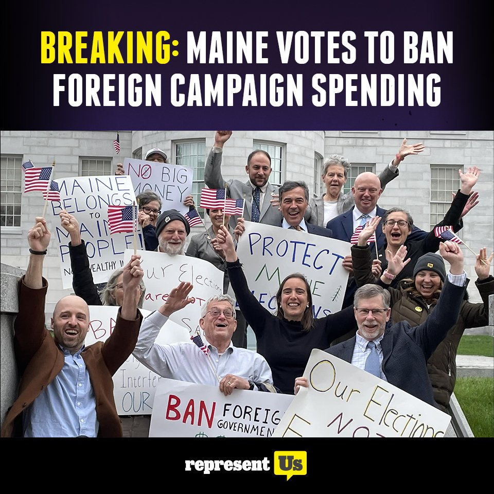 representus's tweet photo. 🚨 BREAKING: #MaineQuestion2 passes with overwhelming voter approval, closing a campaign finance loophole that allowed foreign-owned entities to purchase influence in #Maine referendum campaigns. https://t.co/zWQR76GU6Q