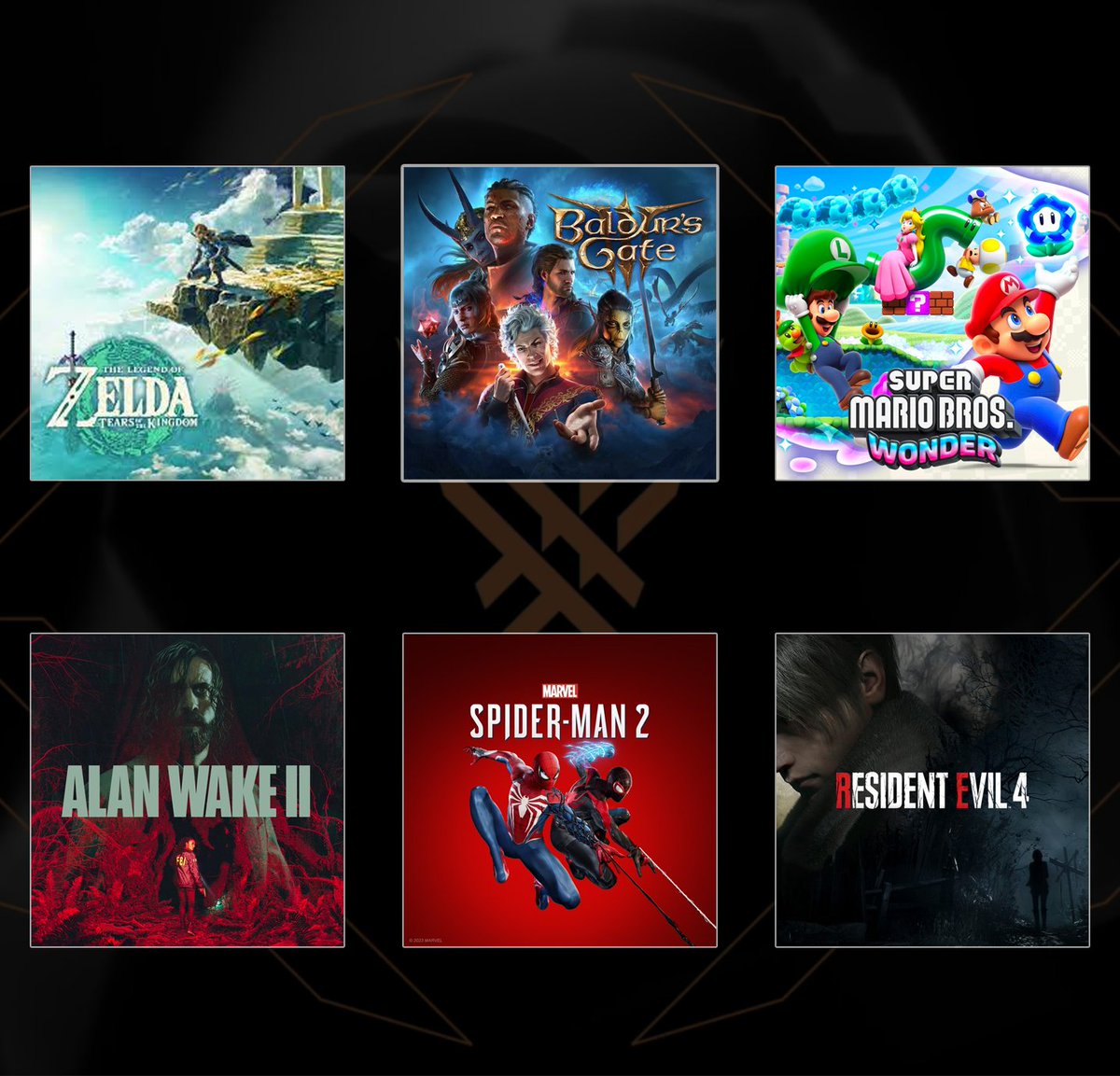 The Game Awards  Game of the Year Nominees Alan Wake 2 Spider-Man 2  Resident Evil 4 Baldur's Gate 3 Super Mario Bros. Wonder The Legend of  Zelda: Tears of the Kingdom : r/pcmasterrace