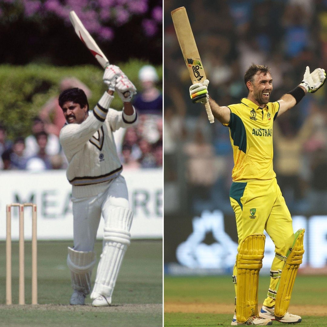 Kapil Dev - India 17/5 & then he scored 175*(138) in 1983 World Cup. Glenn Maxwell - Australia 91/7 & then he scored 201*(128) in 2023 World Cup. - Two ultimate knocks ever.