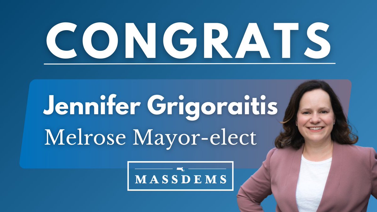 MA Democratic Party (@massdems) on Twitter photo Congratulations to Melrose Mayor-elect Jennifer Grigoraitis! <a href="/JenforMelrose/">Mayor Jen Grigoraitis</a> #mapoli Congratulations to Melrose Mayor-elect Jennifer Grigoraitis! <a href="/JenforMelrose/">Mayor Jen Grigoraitis</a> #mapoli