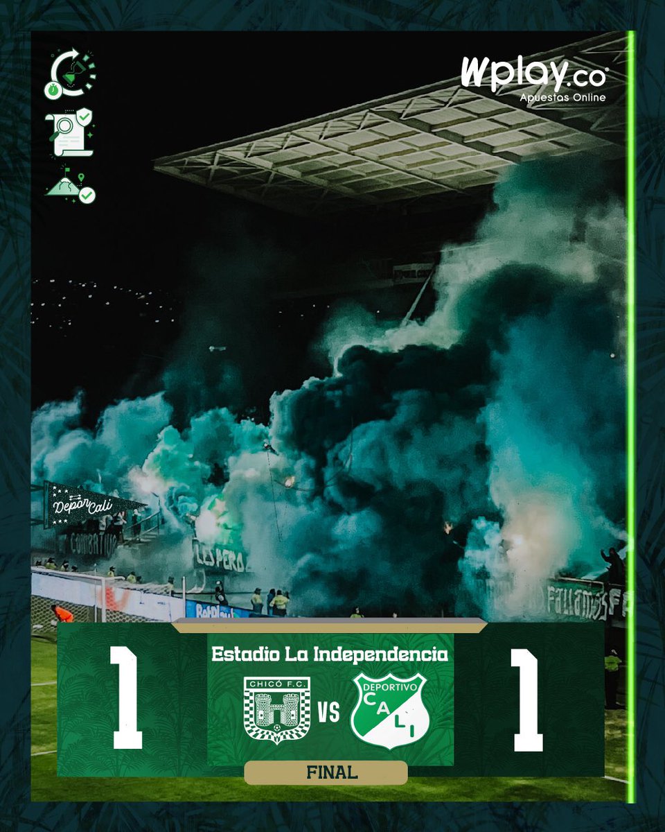 DeportivoCaliCP's tweet photo. ⏱️ 90+8’ ¡¡¡CLASIFICÓ DEPORTIVO CALI!!!

Con el punto en Tunja, el glorioso logra la clasificación a los cuadrangulares finales de la Liga.

¡¡VAAAAAAAAAAMOOOOOOOOOOS CALIIIIIII!! 💚💚

B. Chicó 1⃣-1⃣ Cali

#VamosCali🇳🇬
#LigaDimayor🏆 https://t.co/2xmvpfsU11