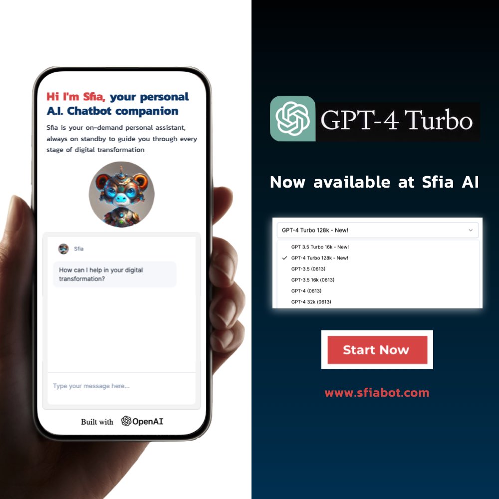 GPT-4 Turbo is now available at Sfia AI.

Transform Your Business with Sfia AI. The Ultimate Guide to Your Digital Transformation Journey

Explore more: sfiabot.com

#sfia #ai #bootbot #chatbot #aitransformation #dx #dtx #digitaltransformation