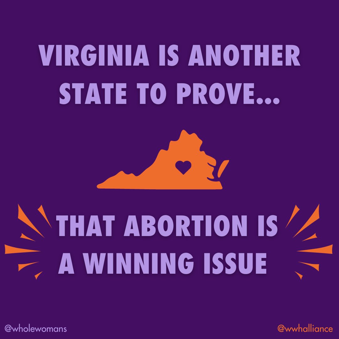 WholeWomans's tweet image. Virginia knew that this election would put abortion care on the line, and they responded with a clear answer: abortion stays legal in the commonwealth.

It’s time that anti-abortion politicians let it sink in, we are the majority.