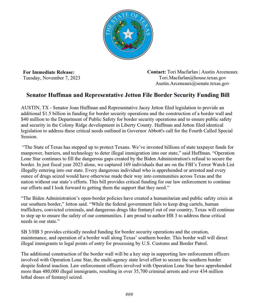 Press Release - Senator Joan Huffman and Representative @JaceyJetton File Border Security Funding Bill. #txlege