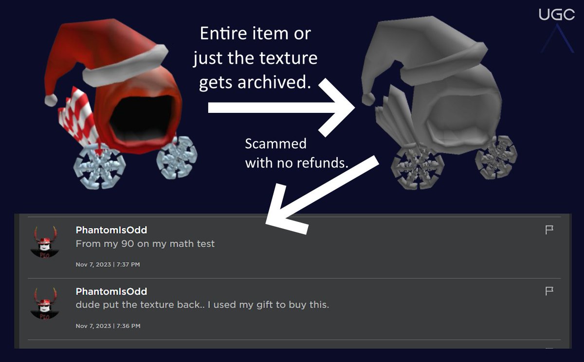 Roblox UGC Copies on X: Roblox moderation states that UGC items which are  archived or deleted are not eligible for a refund anymore. This simply  protects UGC uploaders who are $USD selling