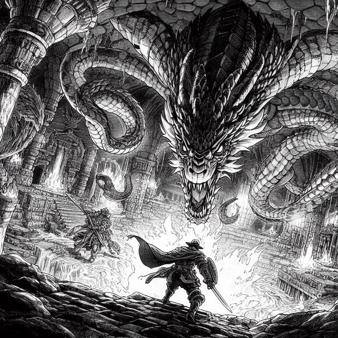 「地下迷宮の奥深くでドラゴンと戦う戦士のマンガのシーン」で発注 #bingimagecreator