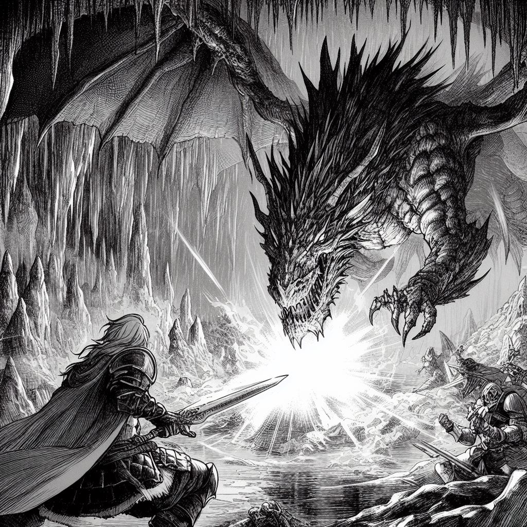 「地下迷宮の奥深くでドラゴンと戦う戦士のマンガのシーン」で発注 #bingimagecreator