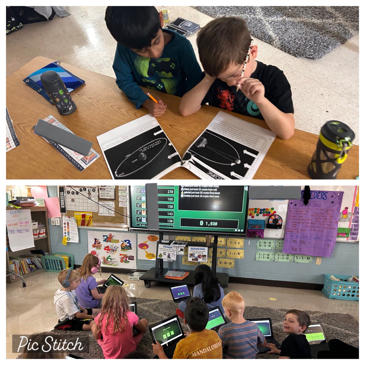 Busy day today! Partner and independent reading, digging in nonfiction texts to find text features, and “hacking” to earn “cryptocurrency” by finding missing addends!
