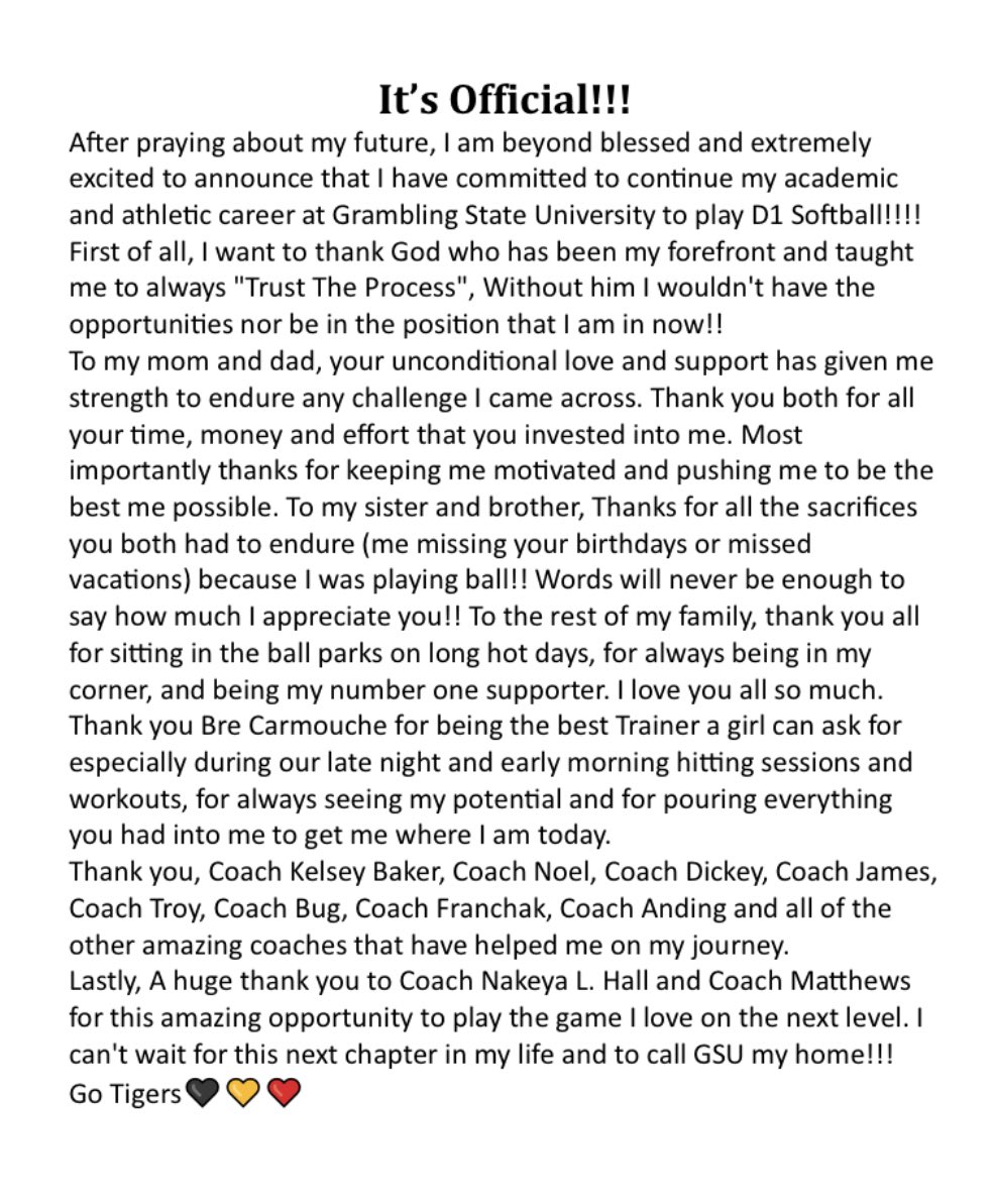 Committed!! @1Way_Production @Softball_La @TitansBaker @bchgators @SBRRetweets @D1Softball @AthleteSwag @LegacyLegendsS1 @TopPreps @GSU_TIGERS @GSUSOFTBALL @HBCUSports1 @HBCUSoftball