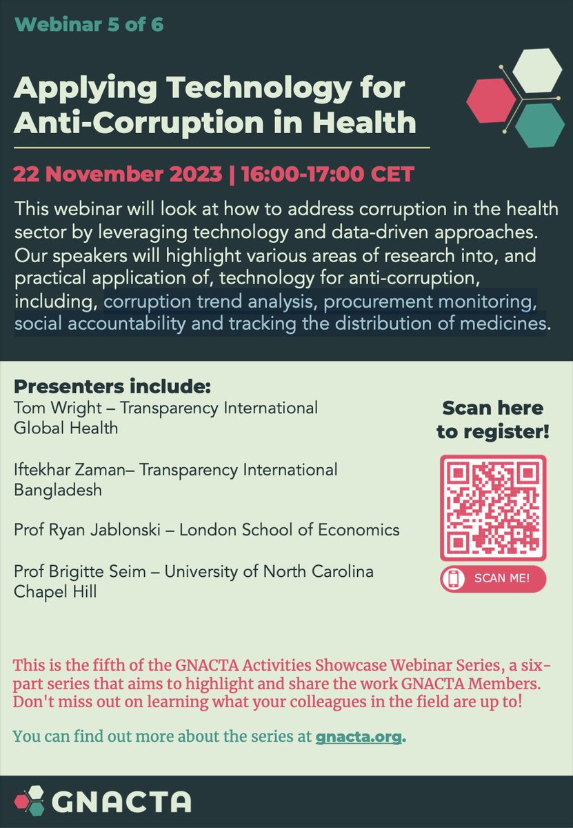 REGISTER NOW!! The 5th #GNACTA webinar will be held on 22 November (16:00-17:00 CET) focusing on  research and practical application of data driven approaches for #procurementmonitoring, #socialaccountability and distribution of #medicines. Register here: shorturl.at/chimq